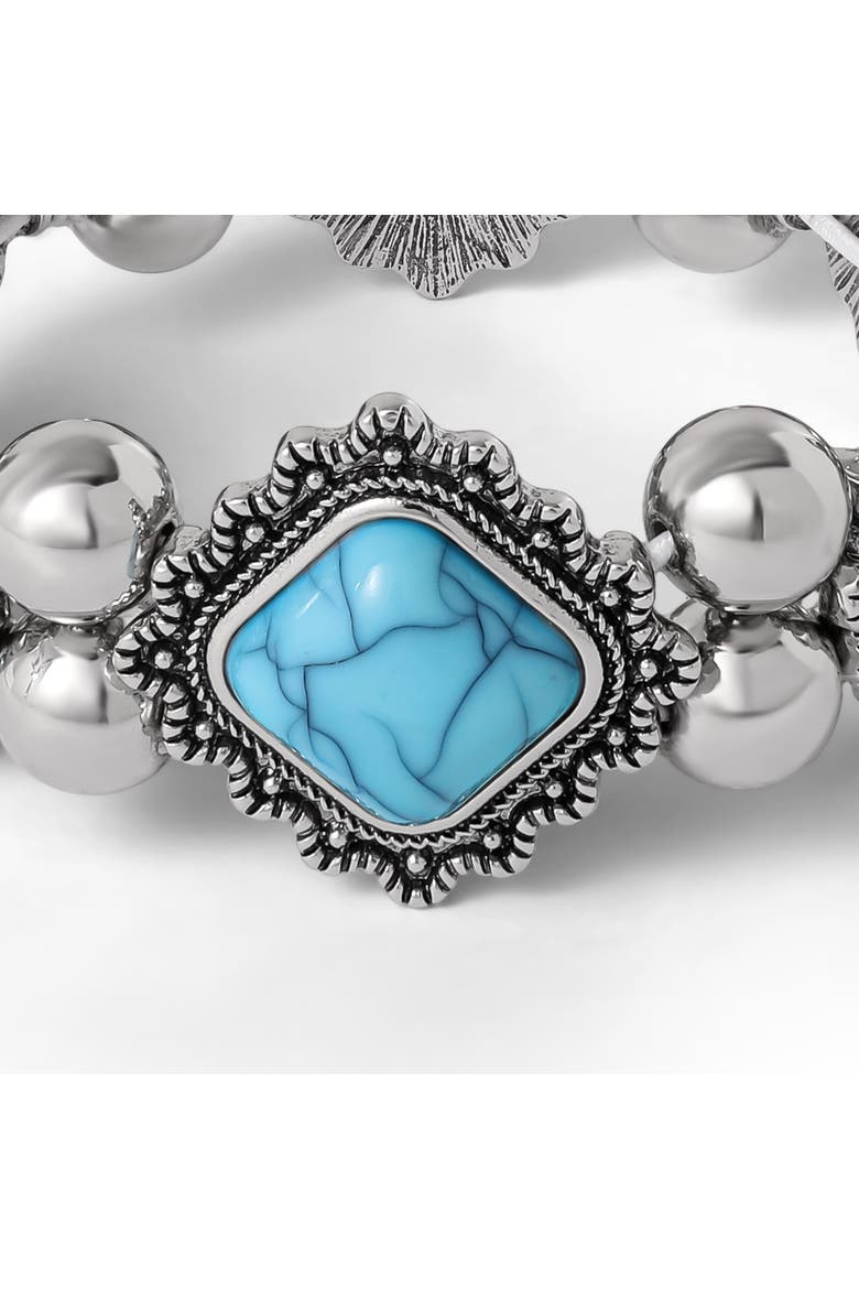 Turquoise and Silver Stretch Bracelet with Western Motif, Alternate, color, Turquoise