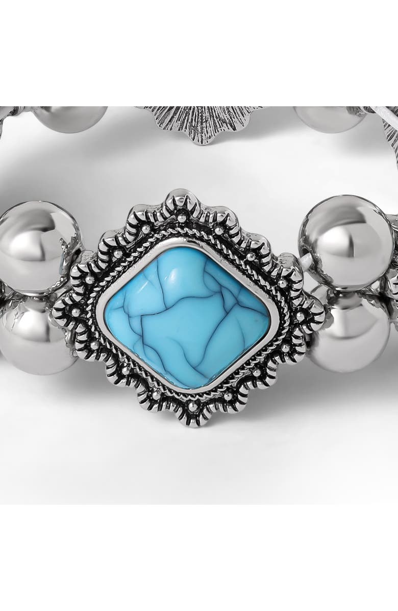 Jessica Simpson Turquoise and Silver Stretch Bracelet with Western Motif, Alternate, color, Turquoise