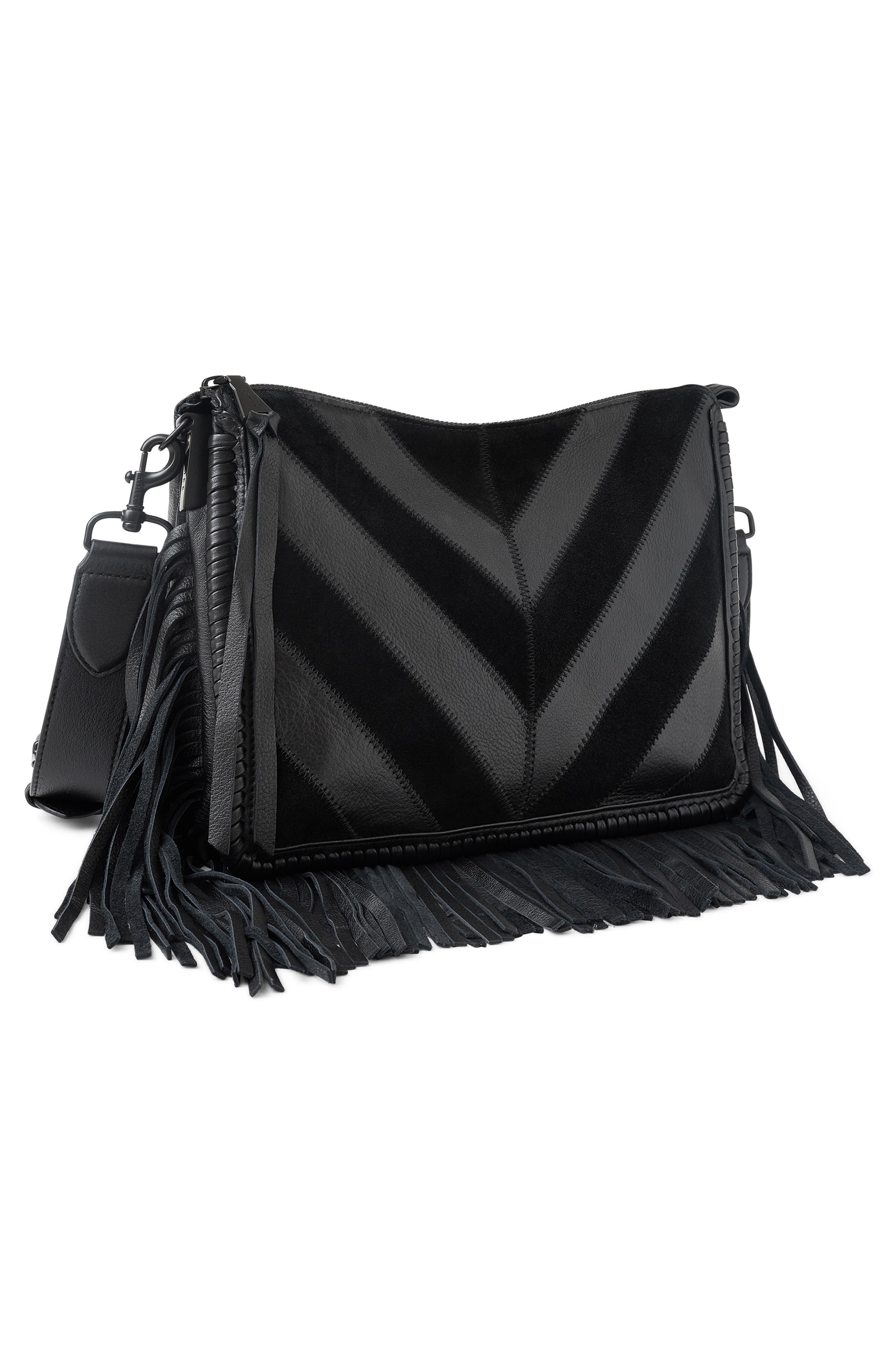 Famous Fringe Large Leather Crossbody, Alternate, color, BLACK CHEVRON