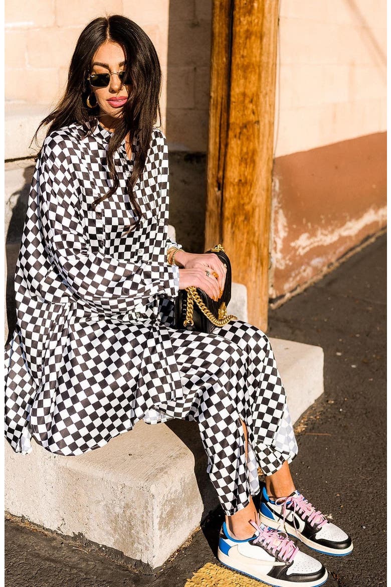 Checkerboard Button-Up Satin Shirt & Pants Set, Alternate, color, CHECKERBOARD