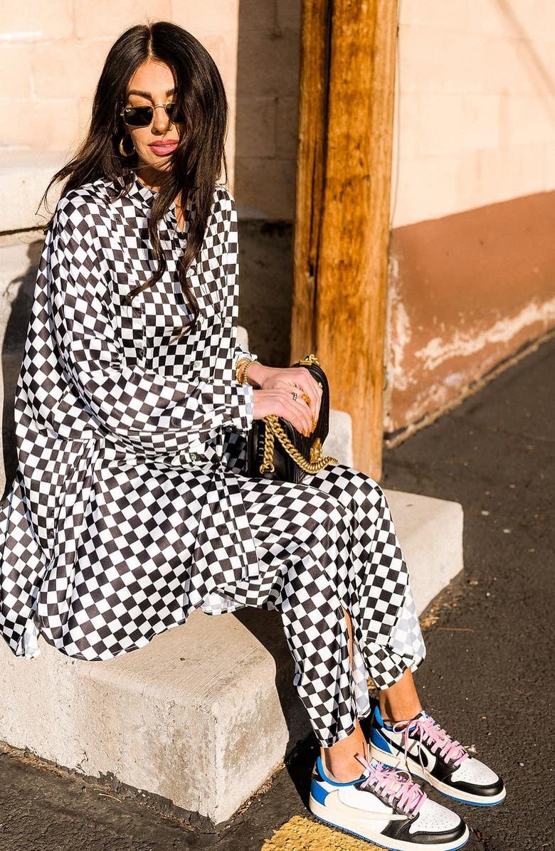 Dressed in Lala Checkerboard Button-Up Satin Shirt & Pants Set, Alternate, color, Checkerboard