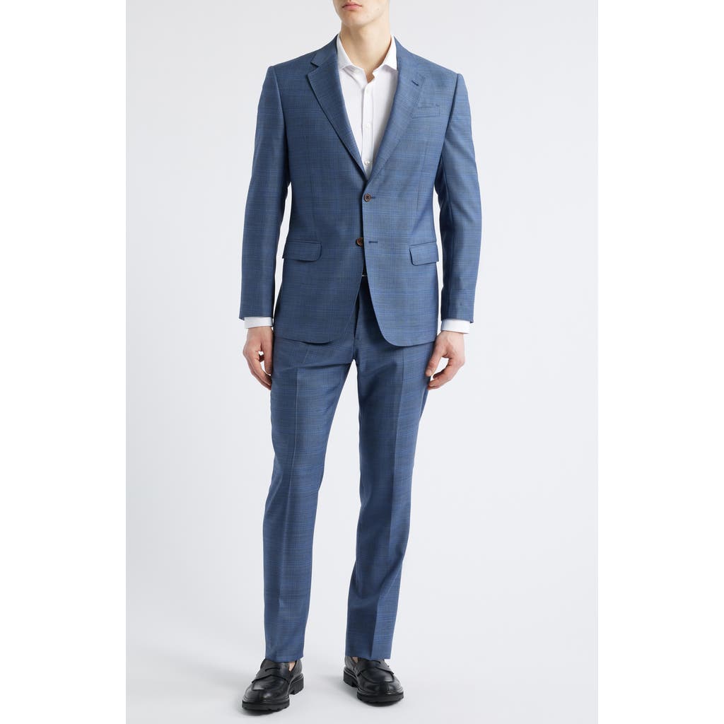 Emporio Armani Blue Check Wool Suit In Solid Medium Blue