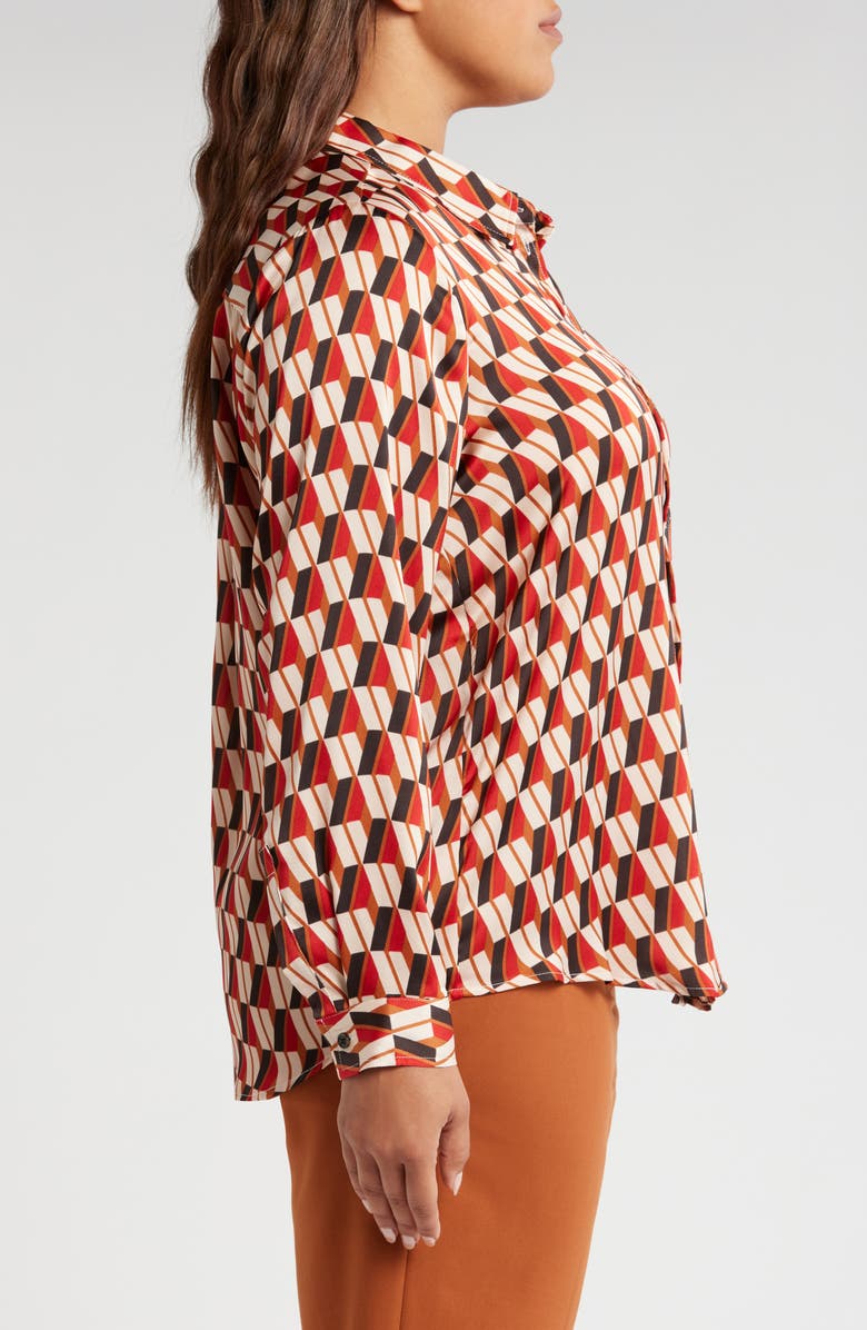 Tahari ASL Geo Print Satin Button-Up Shirt, Alternate, color,