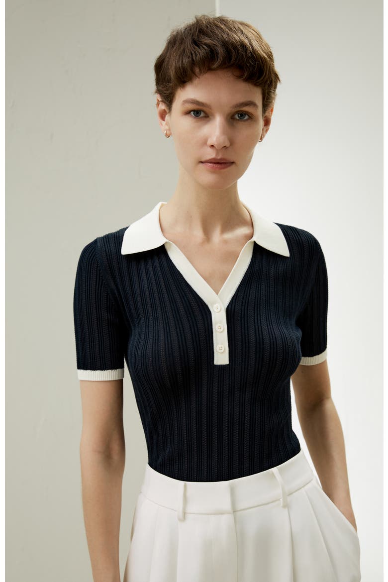 Women's V Neck Ribbed Silk Knit Top, Alternate, color, Navy Blue