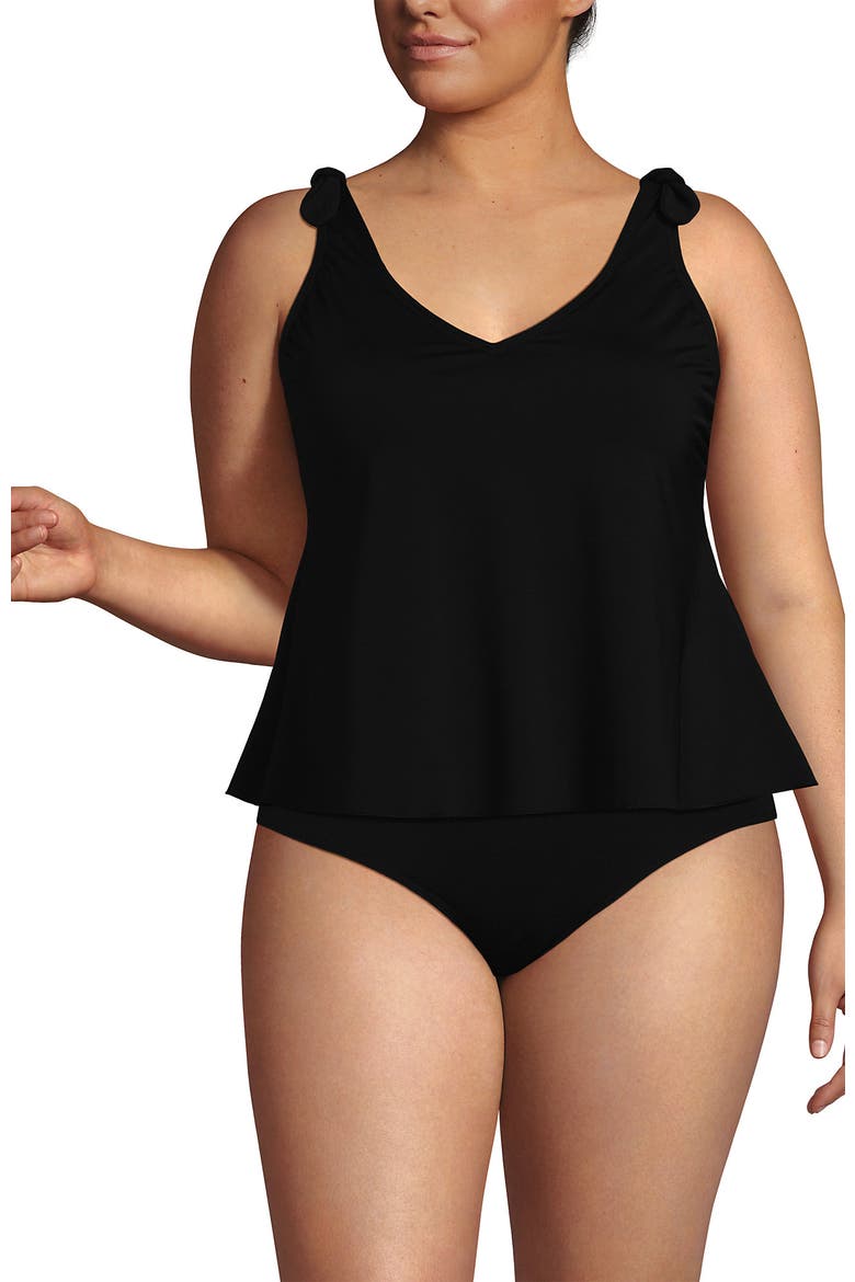 Chlorine Resistant V-neck Shoulder Tie Flutter Tankini Swimsuit Top, Alternate, color, Black