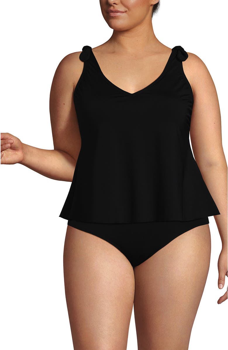 Lands' End Chlorine Resistant V-neck Shoulder Tie Flutter Tankini Swimsuit Top, Alternate, color, Black