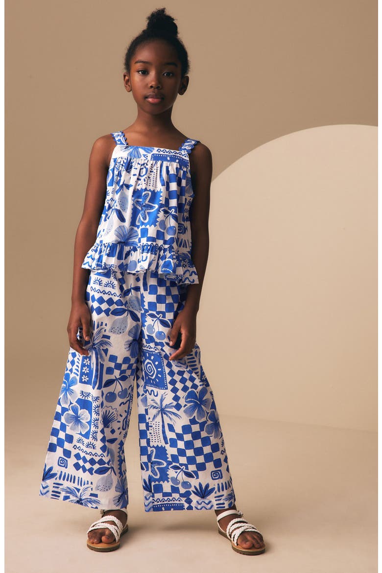 Kids' Tile Print Cotton Tank & Wide Leg Pants Set, Alternate, color, BLUE