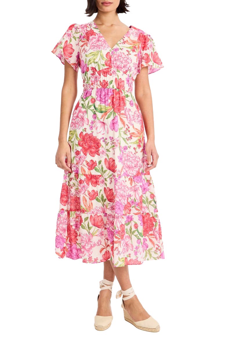 Floral V-Neck Short Sleeve Tiered Midi Dress, Main, color, CREAM/ PINK