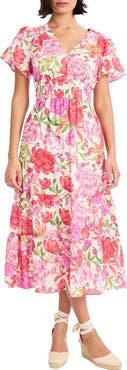 Maggy London Floral V-Neck Short Sleeve Tiered Midi Dress