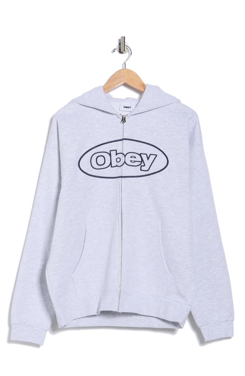 Obey Oval Logo Zip-Up Hoodie, Alternate, color, Ash Grey