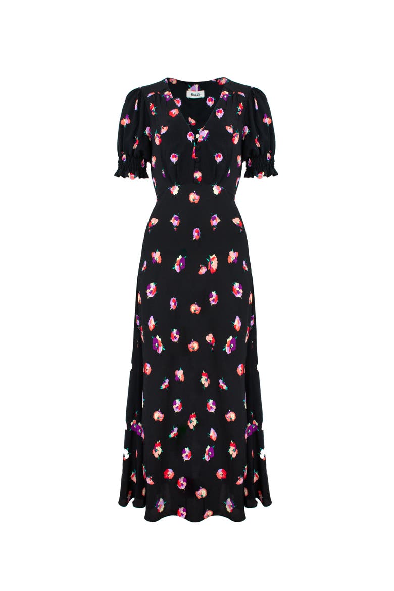 Pansy Print Shirred Cuff Midi Dress, Alternate, color, Multi