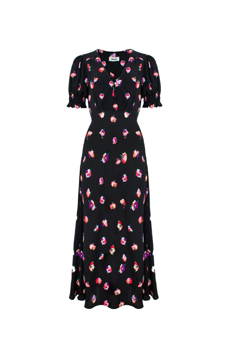 Ro&Zo Pansy Print Shirred Cuff Midi Dress, Alternate, color, 