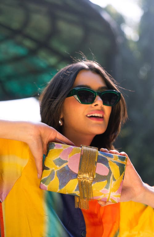 Simitri Printed Fringe Clutch In Yellow