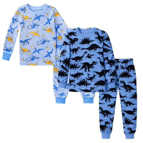 Kids and Toddlers Boys Blue Dinosaurs/Cars Soft 2 Pack Pajama Sets Snug Fitted Ultra Soft Sleepwear Sets Long Sleeve