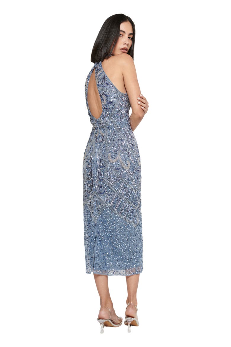 Occasion Embellished Sequin Beaded Halter Neck Evening Midi Dress, Alternate, color, POWDER BLUE