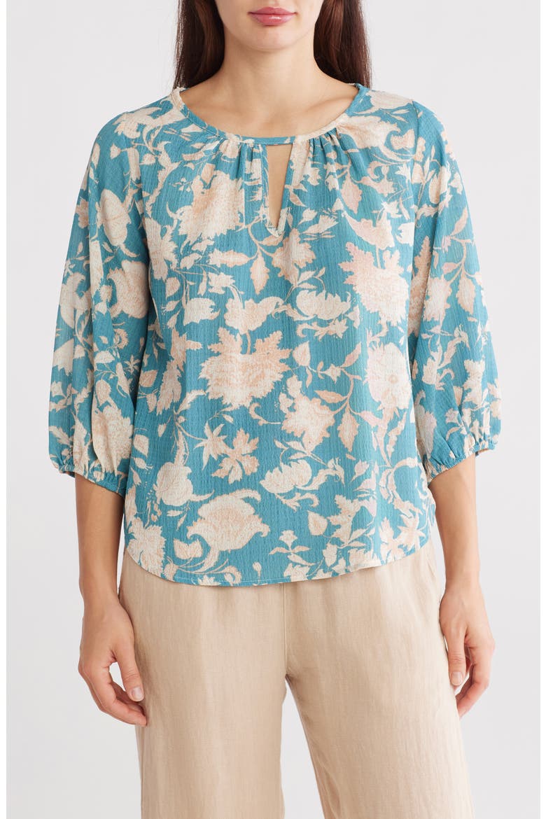 Floral Keyhole Balloon Sleeve Top, Main, color, BLUE