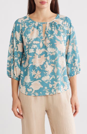 Renee C Floral Keyhole Balloon Sleeve Top In Blue