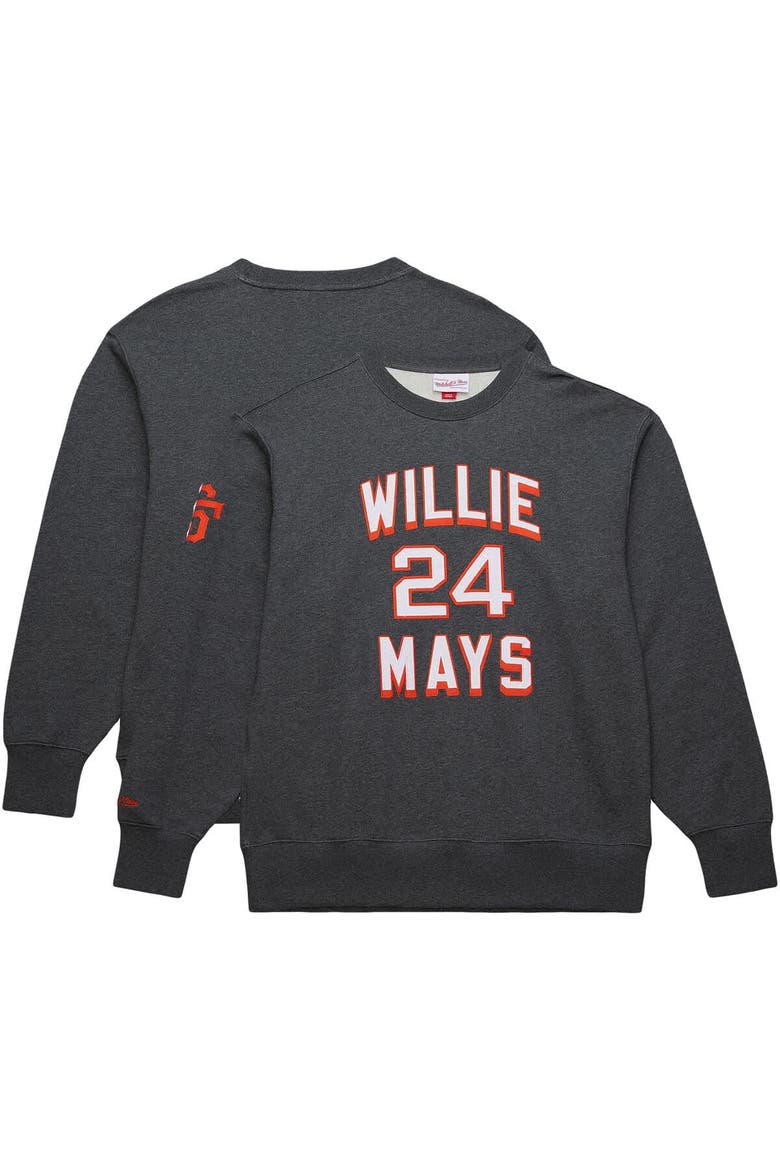 Men's Mitchell & Ness Willie Mays Heather Charcoal San Francisco Giants Legends Collection Vintage Logo Name & Number Fleece Pullover Sweatshirt, Alternate, color, Heather Charcoal