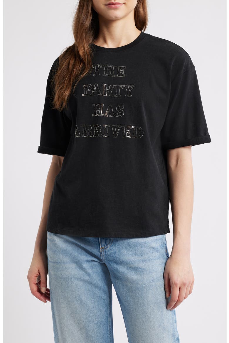 Evi Rhinestone Embellished Cotton Graphic T-Shirt, Main, color, BLK