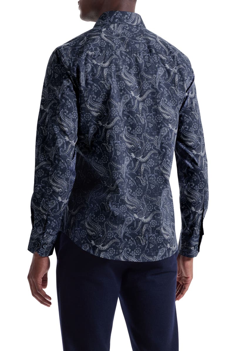 Bugatchi Axel Trim Fit Paisley Stretch Cotton Button-Up Shirt, Alternate, color, Navy