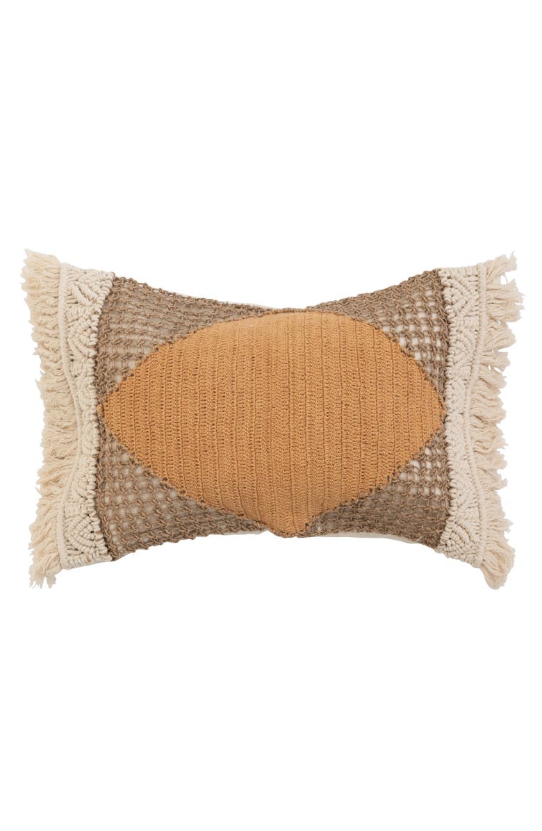Storied Home Bloomingville Hand-Woven Cotton and Jute Lumbar Pillow with Macrame, Crochet and Fringe, Multicolor, Main, color, Orange