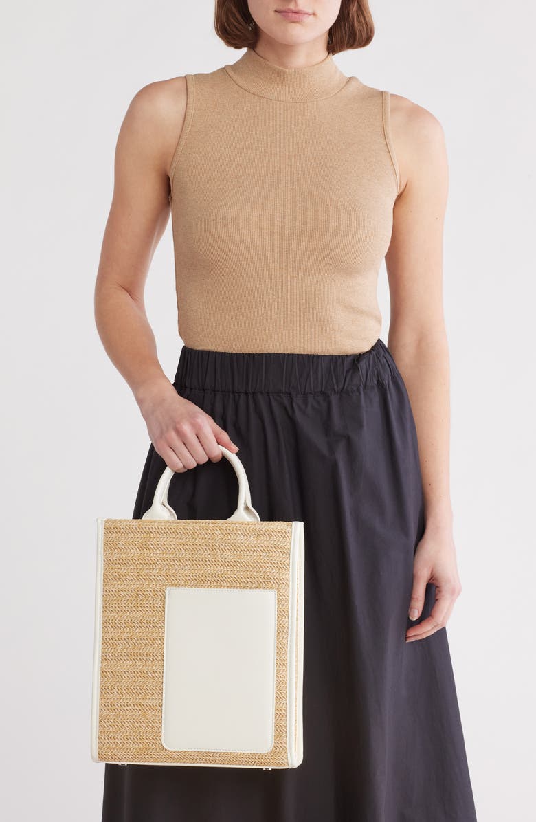 BCBG Mini Whipstitched Straw Tote Bag, Alternate, color, Natural/ White