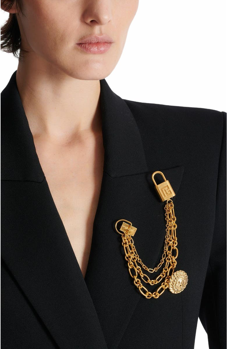 Balmain Sync Brass Brooch With Chains, Alternate, color, 