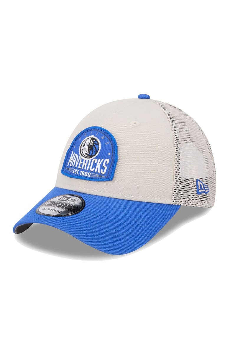 Men's New Era Khaki/Blue Dallas Mavericks Throwback Patch Trucker 9FORTY Adjustable Hat, Main, color, Khaki