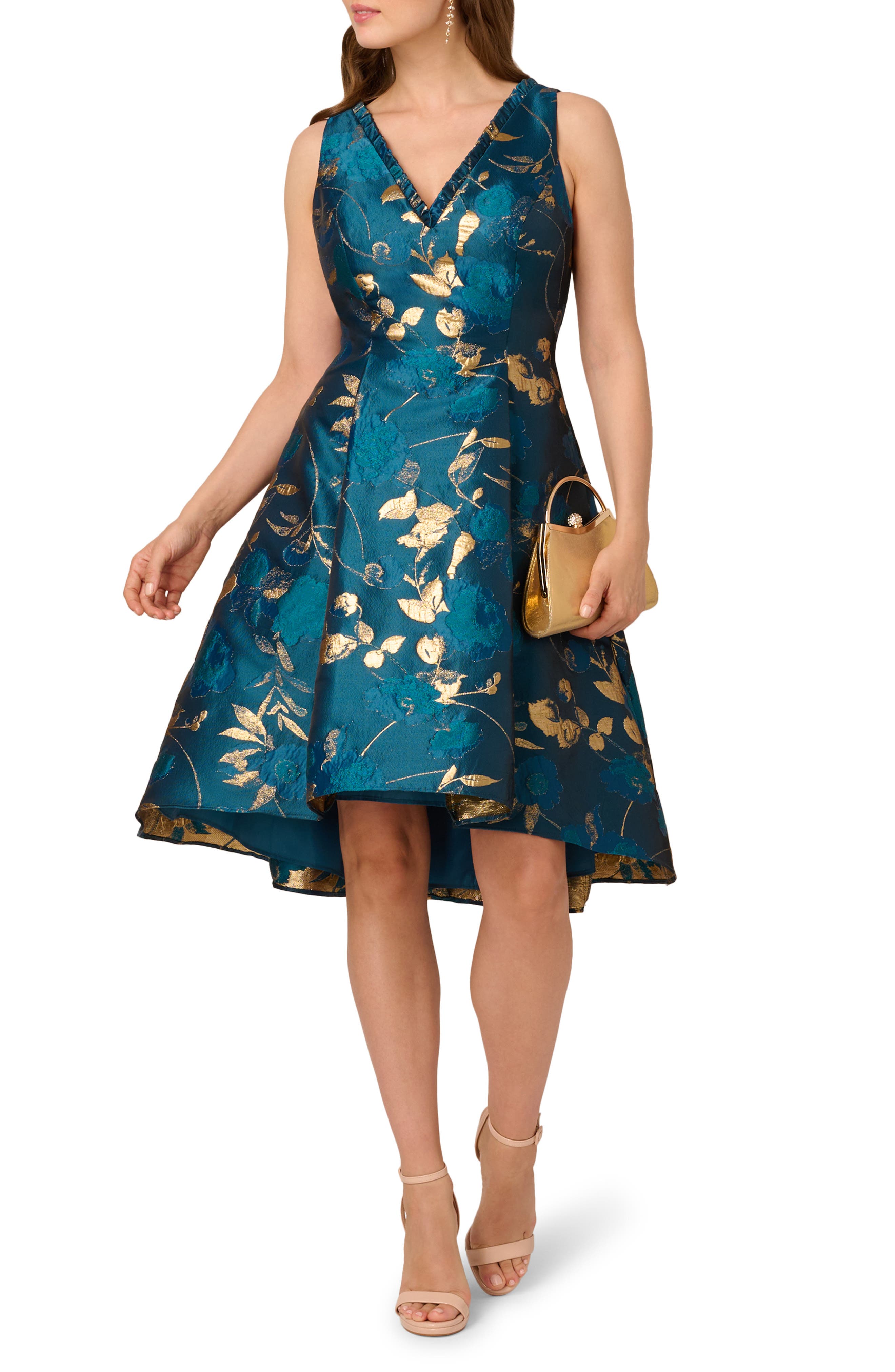 Adrianna Papell Metallic Jacquard Fit & Flare Cocktail Dress in Teal Sapphire/Gold 