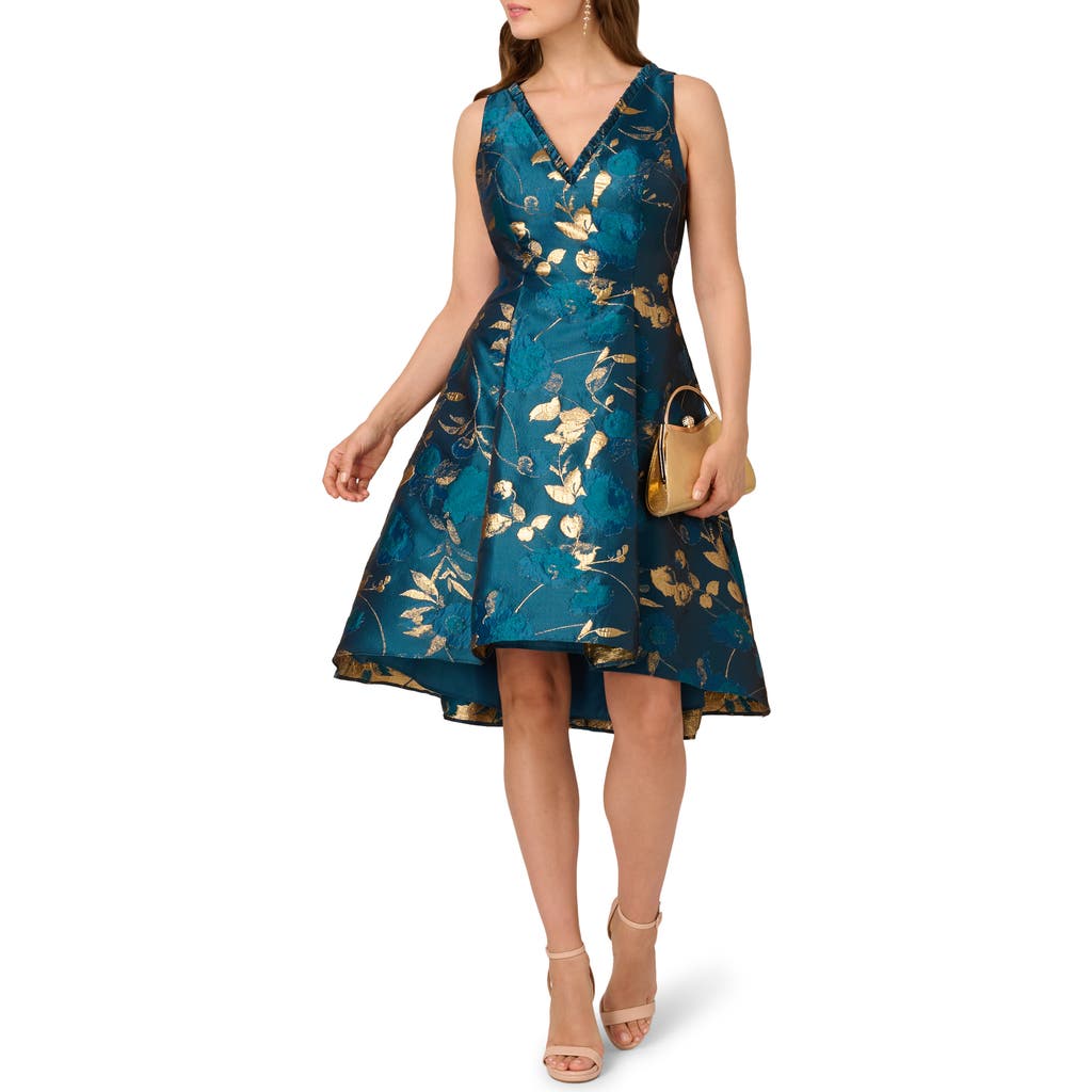 Adrianna Papell Metallic Jacquard Fit & Flare Cocktail Dress in Teal Sapphire/Gold