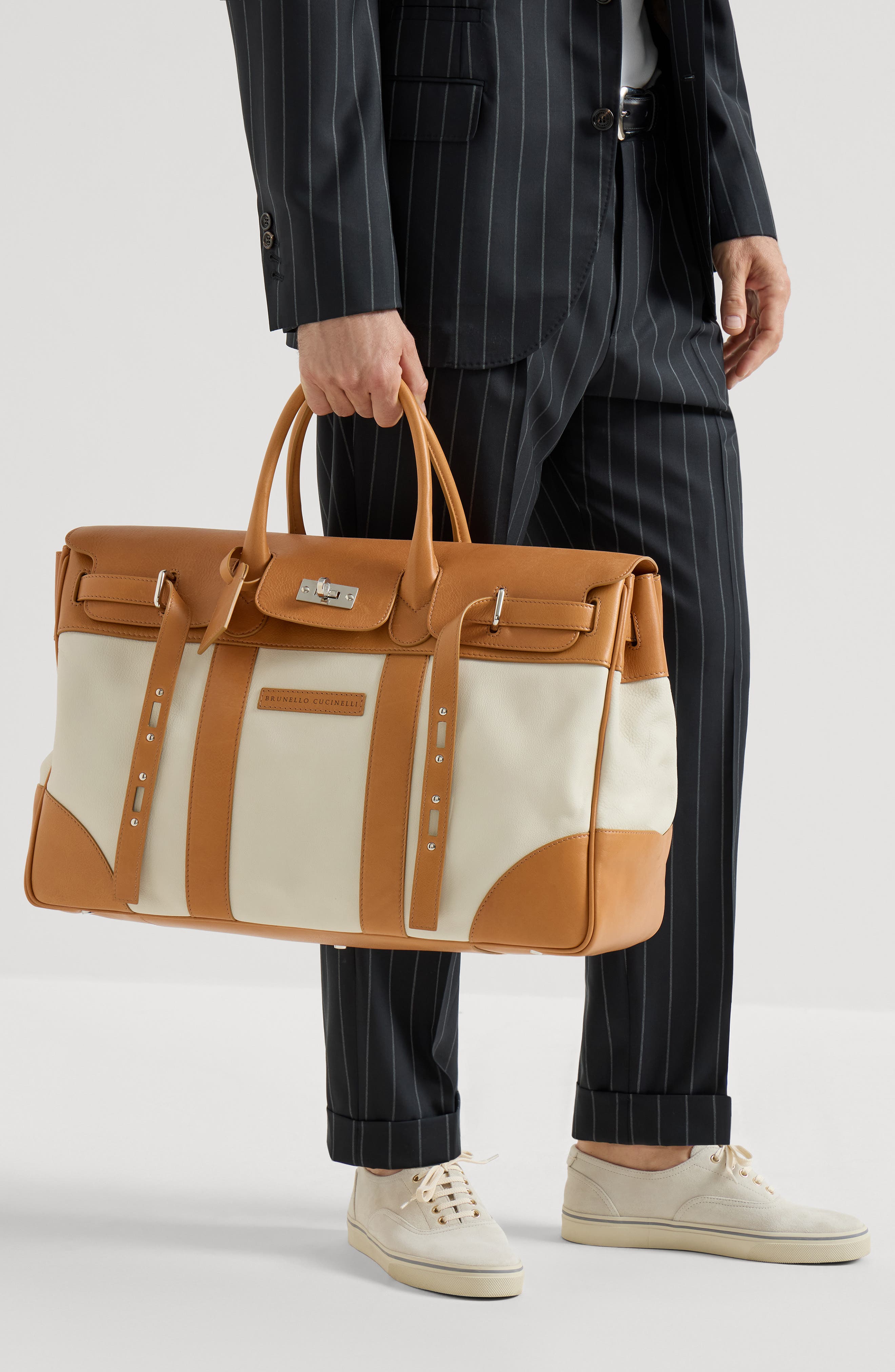 Brunello Cucinelli Calfskin and cowhide bag, Alternate, color, Ivory