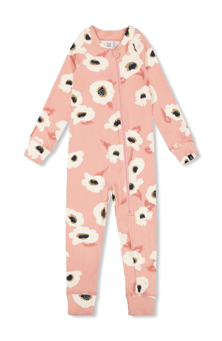 Deux par Deux Baby Girl's One Piece Thermal Underwear Pink Printed Off White Flowers, Alternate, color, 