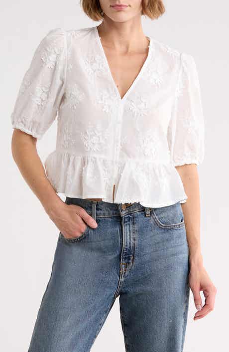Joie Floral Puff Sleeve Peplum Crop Top