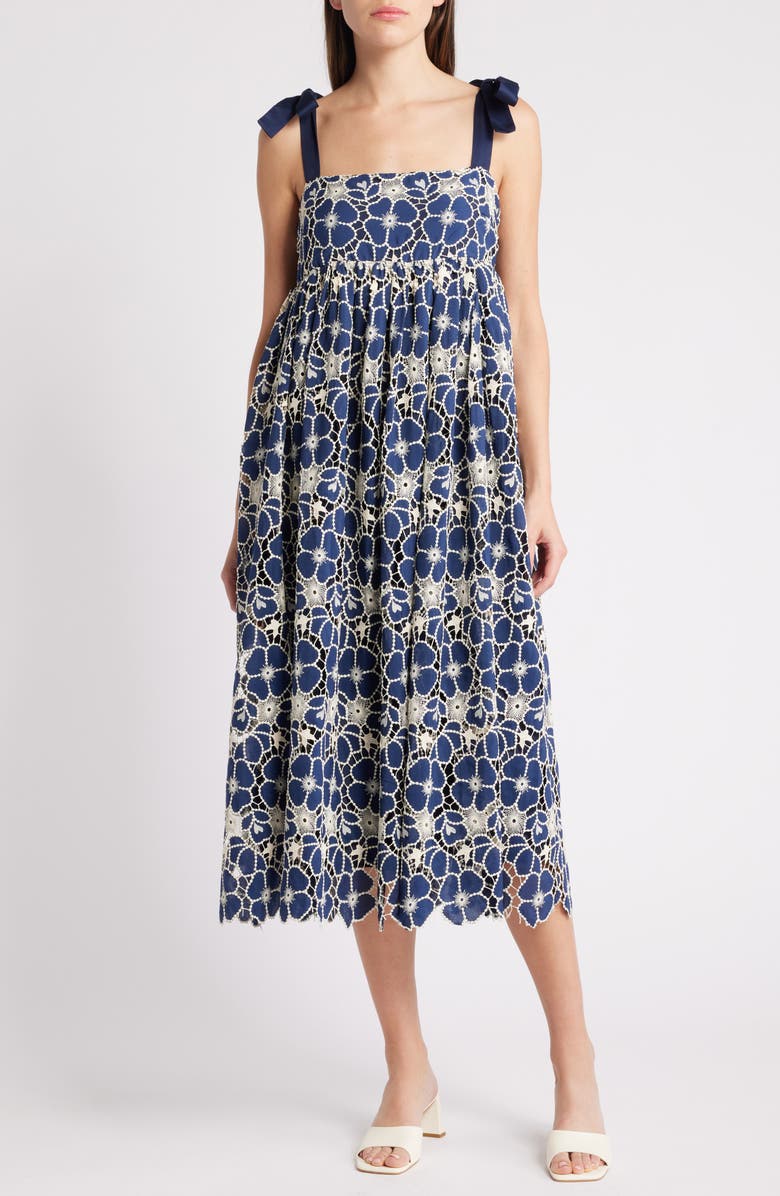 Mila Mae Embroidered Tie Strap Sleeveless Midi Dress, Main, color, 