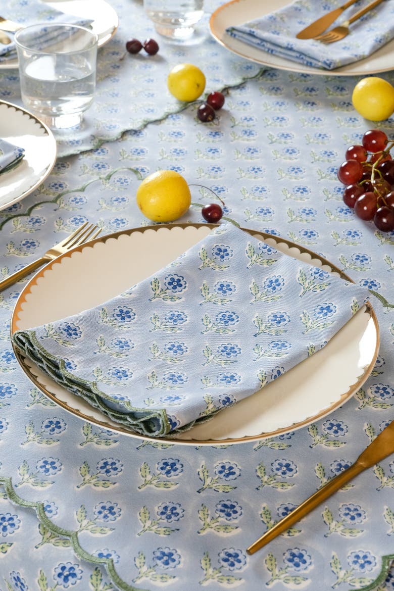 Mona Scallop Embroidered Blockprint Napkins - Set of 4, Alternate, color, Blue