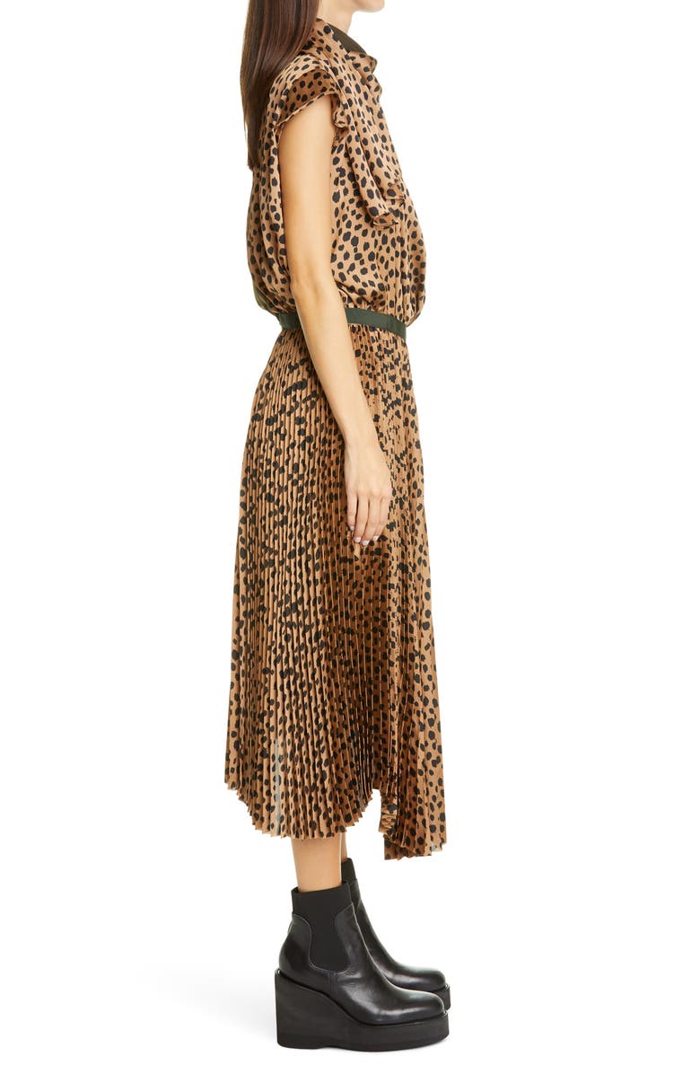 Sacai Cheetah Print Mixed Media Pleated Dress, Alternate, color, 