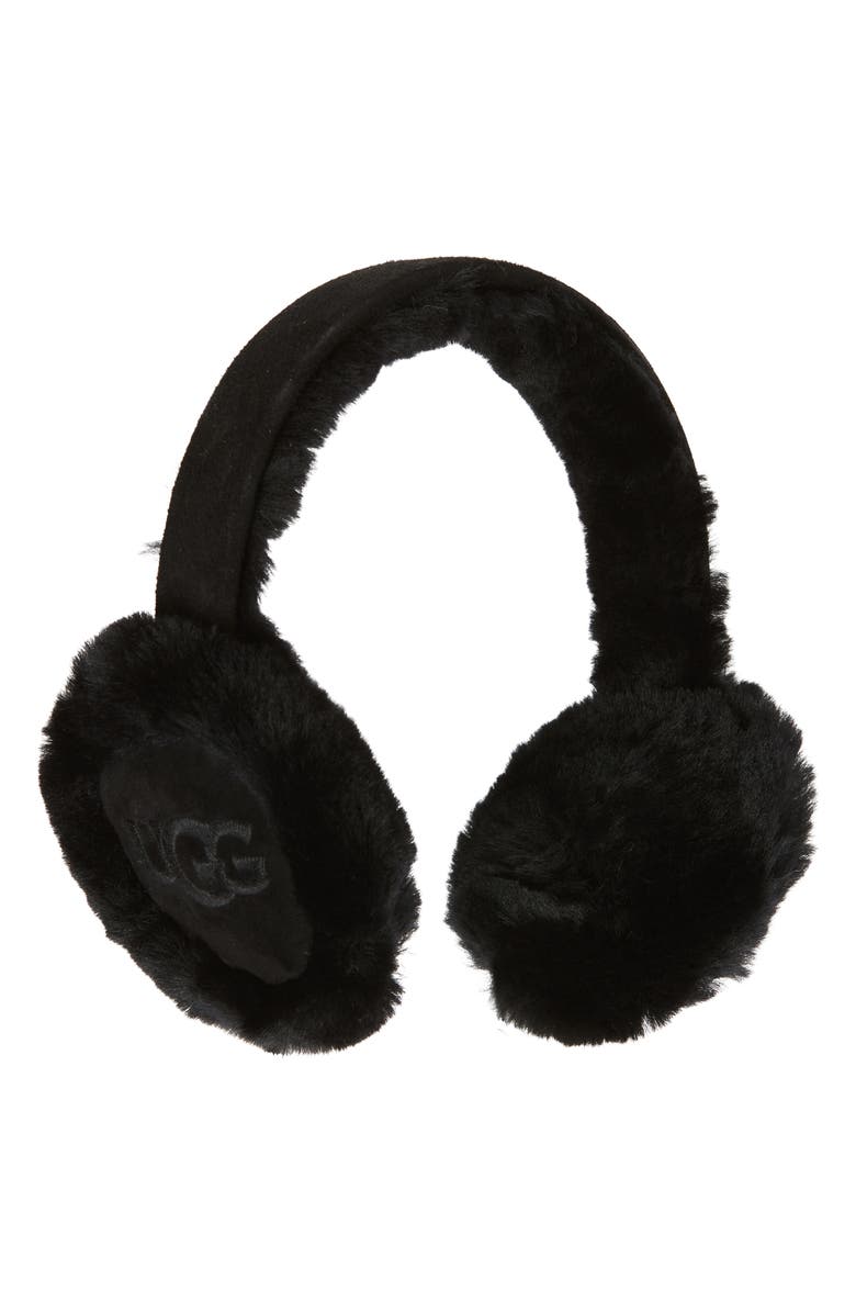 UGG<sup>®</sup> Logo Embroidered Genuine Shearling Earmuffs, Main, color, Black