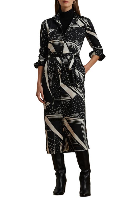 Lauren Ralph Lauren Belted Geo Print Long Sleeve Shirtdress in Black/Cream 