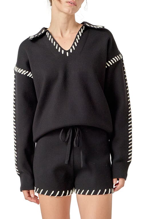 English Factory Contrasting Stitch Relaxed Fit Top In Black