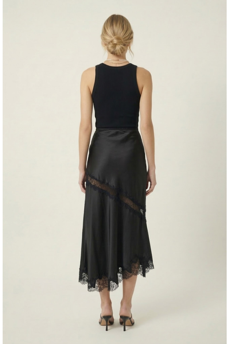 Lace Trim Asymmetric Satin Midi Skirt with Contrast Panel, Alternate, color, Black