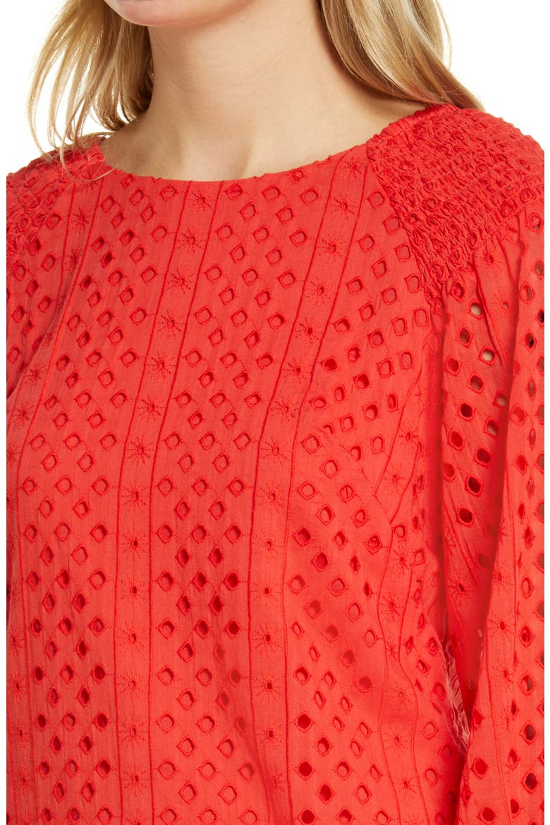 Long Sleeve Eyelet Poplin Shift Dress, Alternate, color, RED