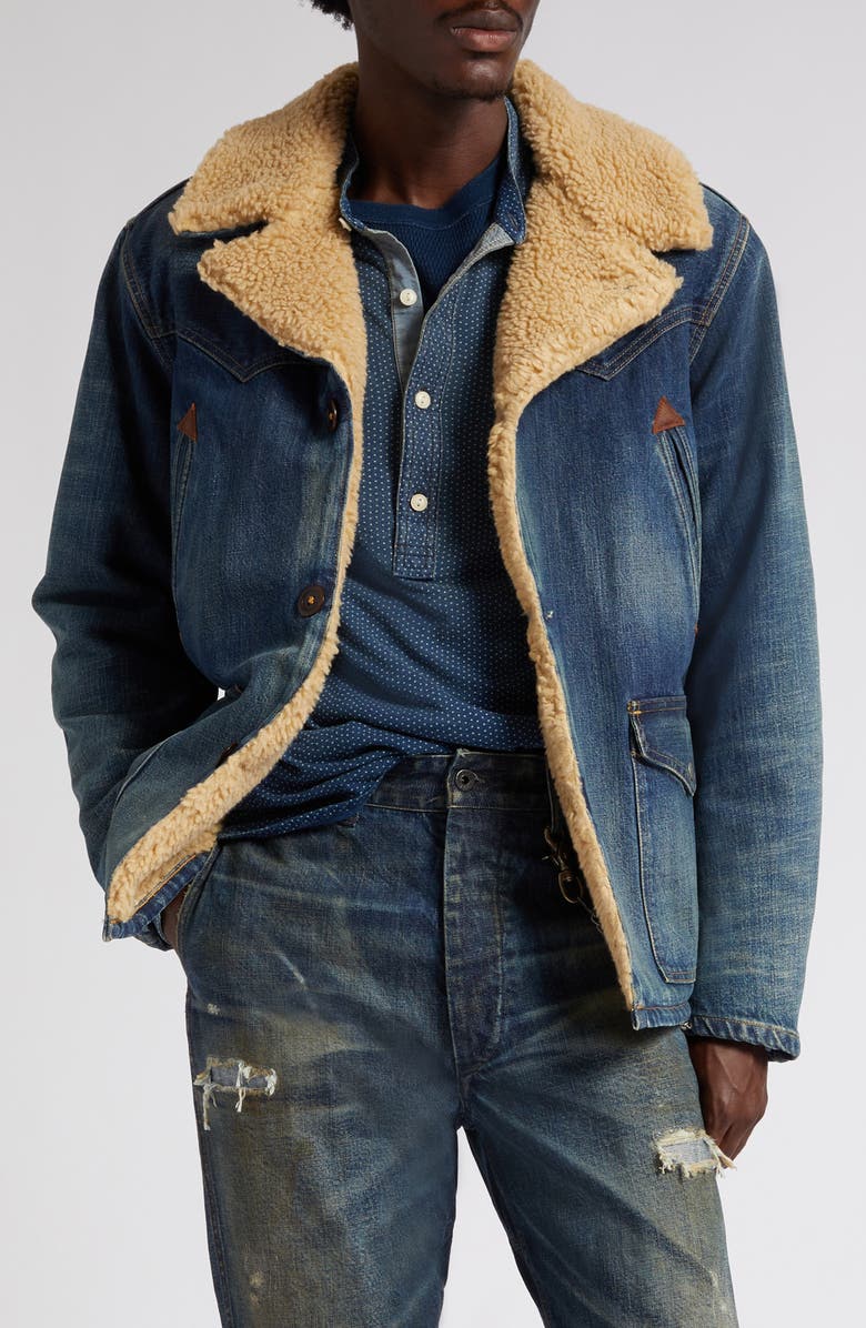 Double RL Hitching Faux Shearling Lined Denim Jacket, Main, color, 