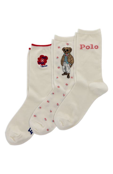 Assorted 3-Pack Floral Bear Cotton Blend Crew Socks Gift Box