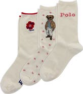 Polo Ralph Lauren Assorted 3-Pack Floral Bear Cotton Blend Crew Socks Gift Box