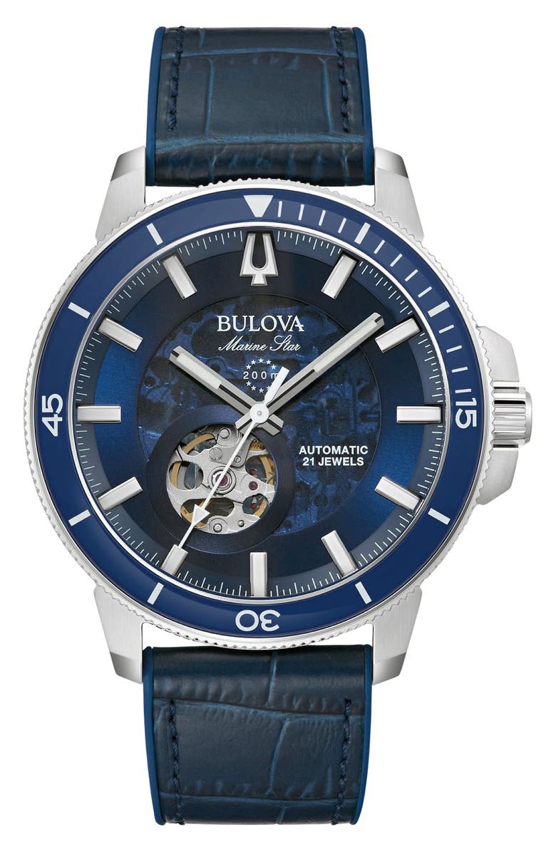 BULOVA Marine Star Leather & Silicone Strap Automatic Diving Watch, 45mm, Main, color, 