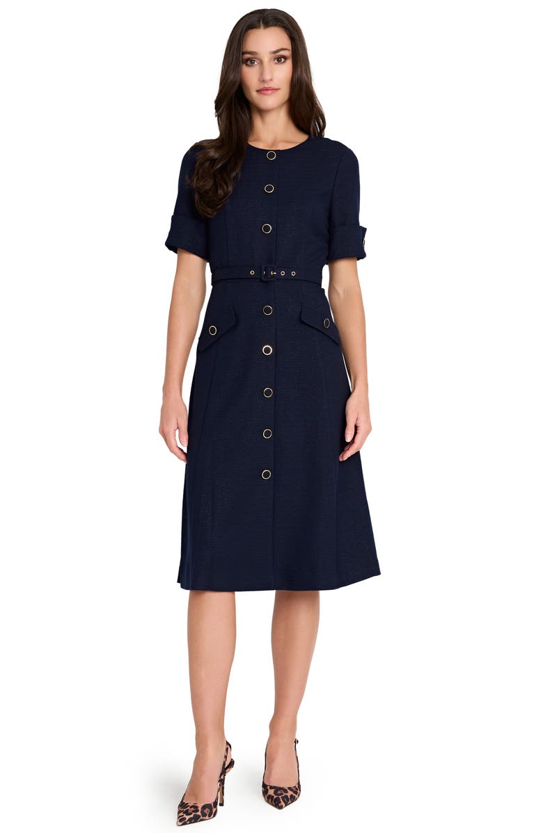 Tahari ASL Metallic Tweed Belted Dress, Alternate, color, Navy