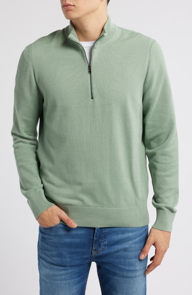 BOSS Ebrando Textured Cotton Half Zip Sweater, Main, color, Light Green