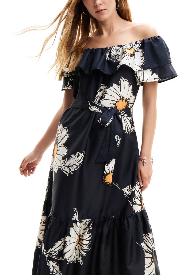 Daisy Ruffle Midi Dress, Alternate, color, BLACK