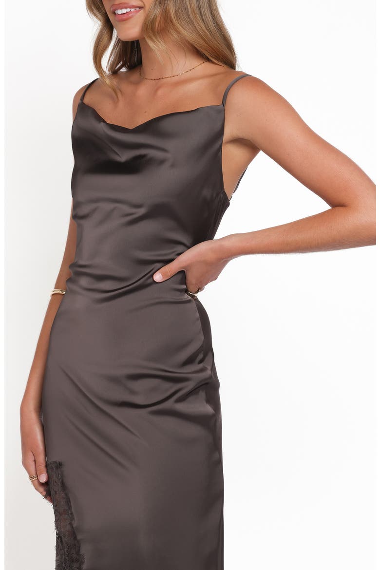 Jeneva Lace Trim Satin Maxi Dress, Alternate, color, BROWN
