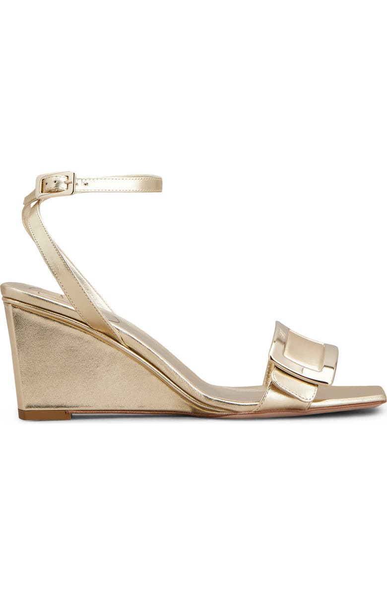 Roger Vivier Belle Vivier Metallic Ankle Strap Wedge Sandal, Main, color, Gold